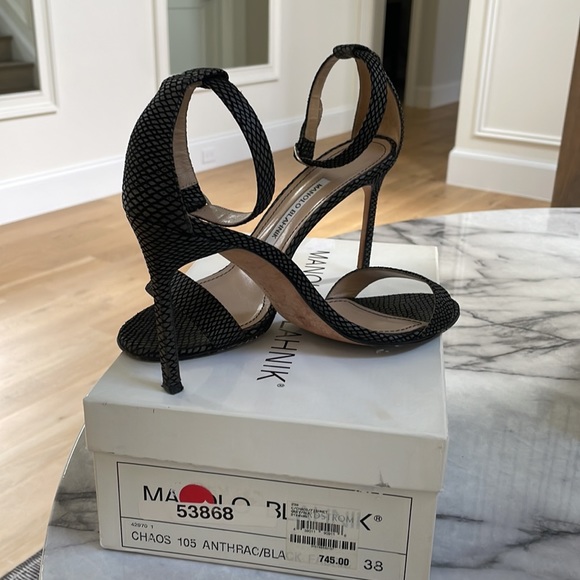 Manolo Blahnik black heeled sandals. Names Choas. Suede fishnet. - Picture 10 of 11